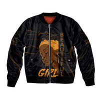 Black bomber jacket, full-zip front, gold graphic face, ribbed cuffs and hem