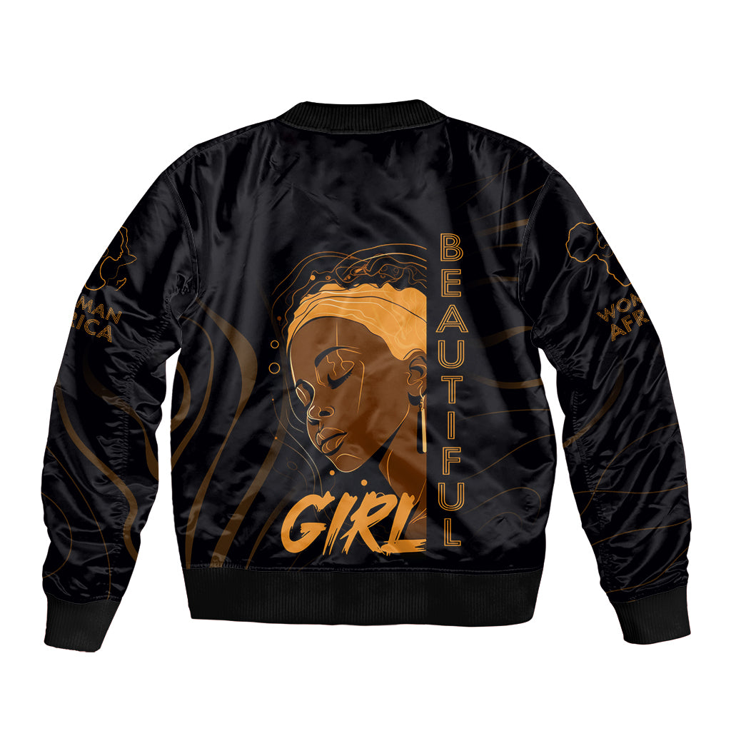 Black bomber jacket back, gold graphic face with vertical lettering, ribbed hem and cuffs