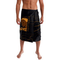 Black knee-length graphic sarong skirt with bold face and text print