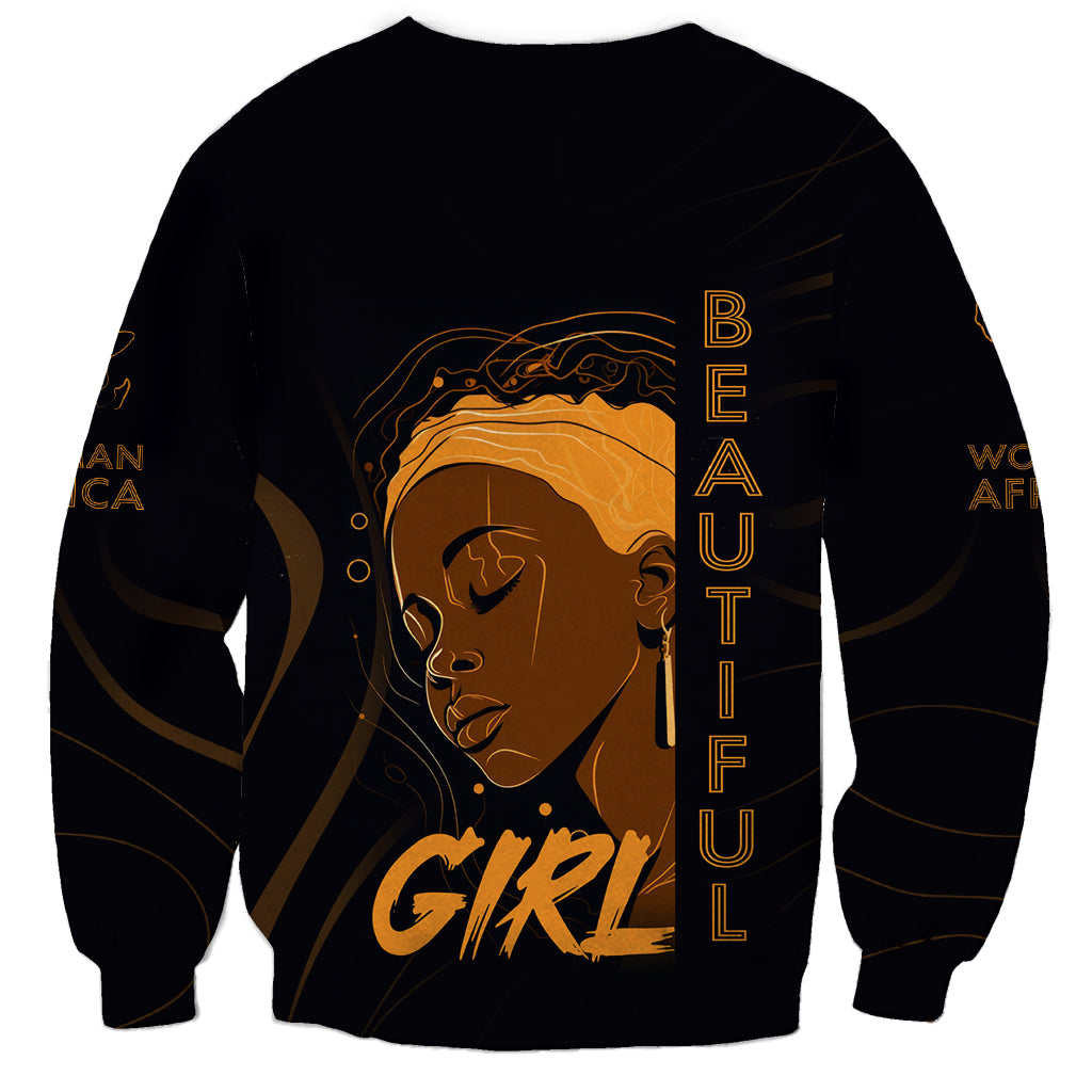 Black sweatshirt with African girl portrait and 'BEAUTIFUL GIRL' vertical text print