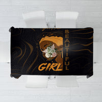 Black square tablecloth with gold graphic portrait and 'BEAUTIFUL GIRL' text