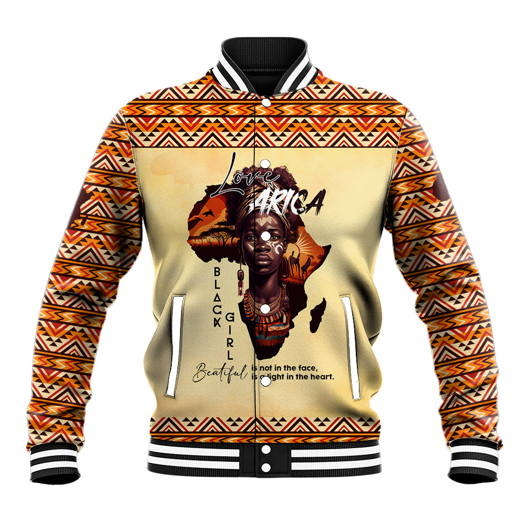 Beige baseball jacket with orange and black zigzag trim, front Love Africa graphic