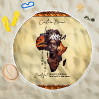 Beige round Love Africa beach blanket with white fringe, Custom Name and Love Africa print
