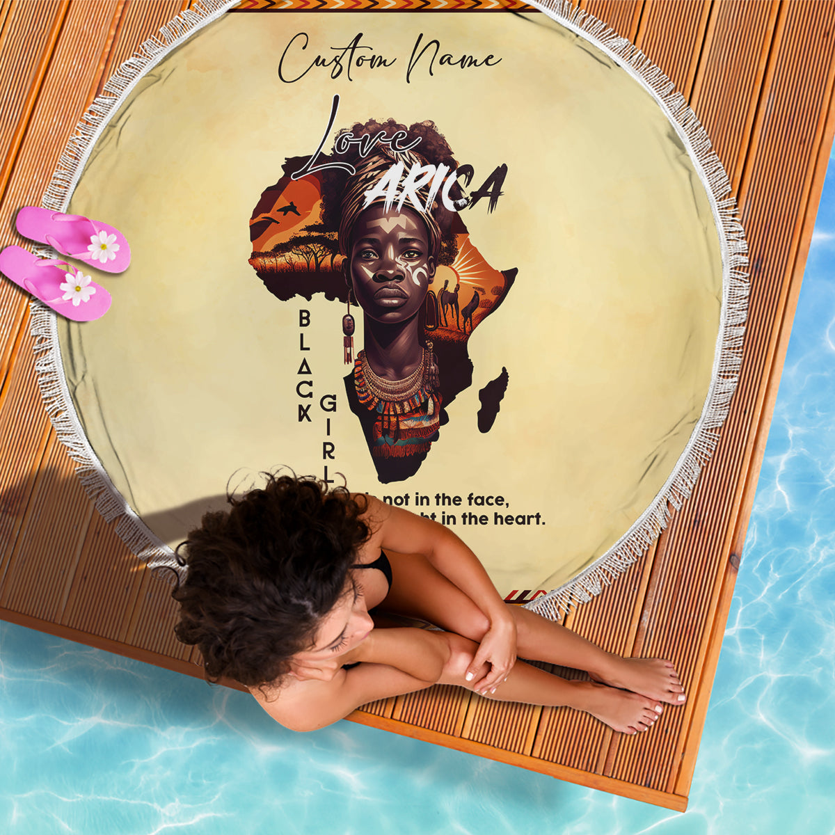 Beige round beach blanket with white fringe, Love Africa portrait and Custom Name text