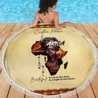 Beige round Love Africa beach blanket with white fringe border and Custom Name lettering
