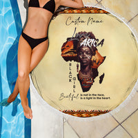 Beige round beach blanket with white fringe, Love Africa portrait and Custom Name print