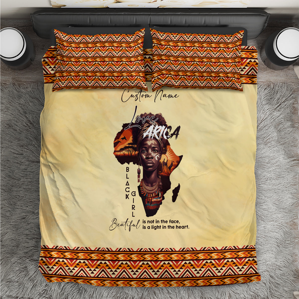 Beige bedding set with orange and black geometric border, Africa portrait graphic, 2 shams