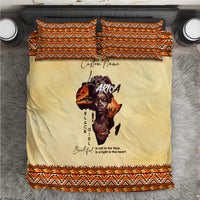 Beige bedding set with orange and black geometric border, Africa portrait graphic, 2 shams