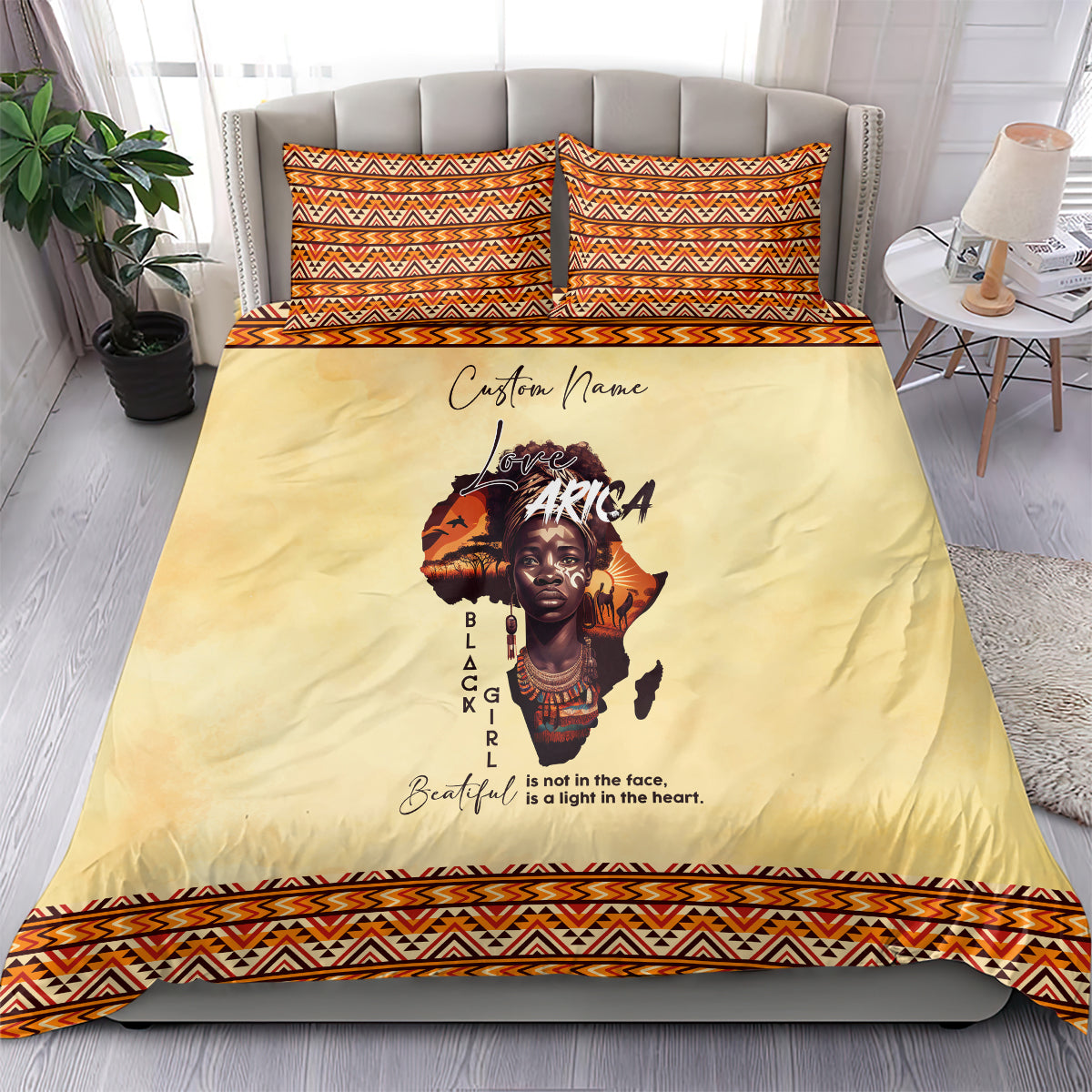 Beige duvet cover bedding set with Africa portrait, orange/black tribal border, matching shams