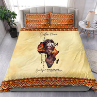 Beige duvet cover bedding set with Africa portrait, orange/black tribal border, matching shams