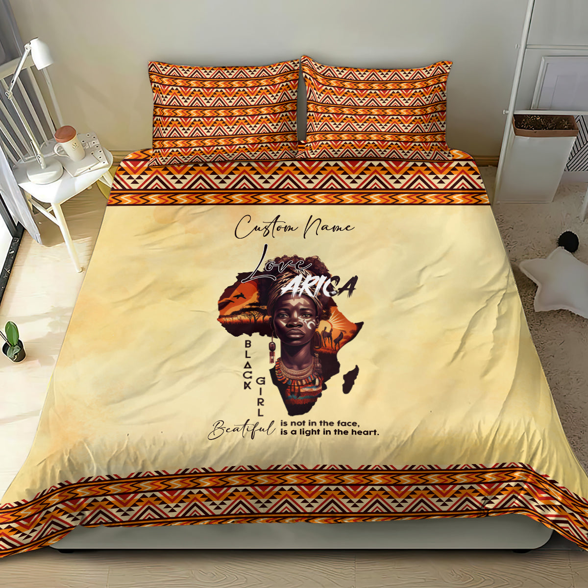 Beige duvet cover bedding set with Africa portrait artwork and orange/black geometric edging