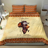 Beige duvet cover bedding set with Africa portrait artwork and orange/black geometric edging