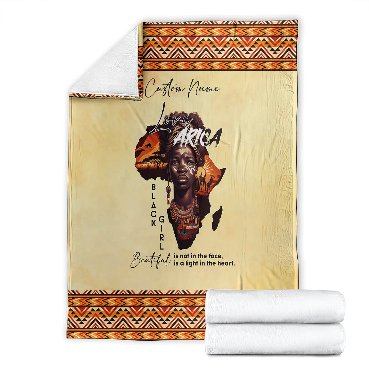 Beige blanket folded with orange/black trim, “Custom Name” and Love Africa portrait print
