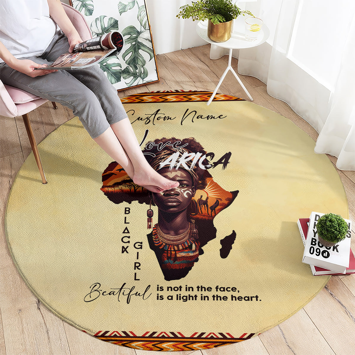 Beige round area rug with Africa portrait, 'Beautiful' quote, and custom name text