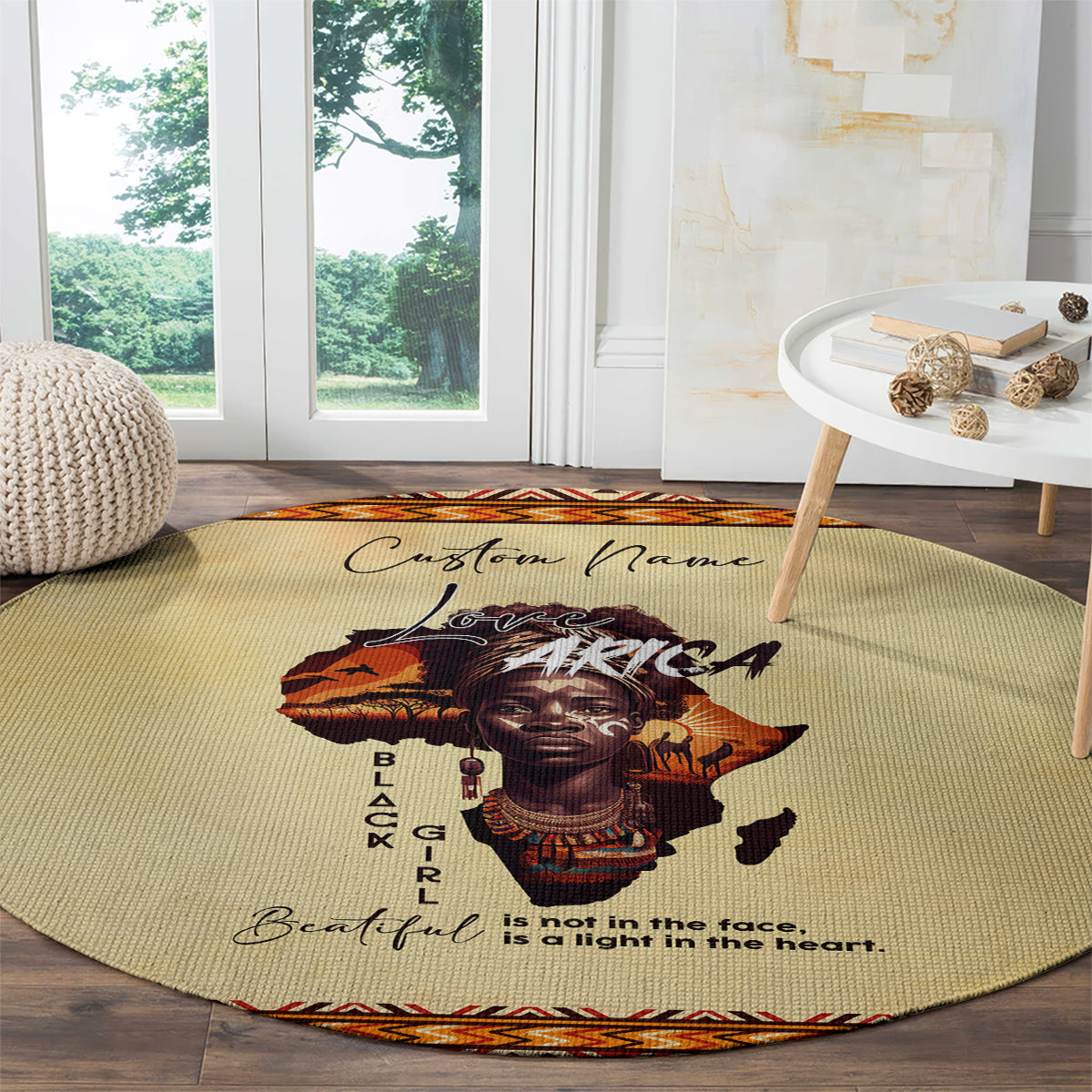 Beige round rug with custom name text, Africa portrait, and heart quote