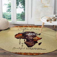 Beige round rug with custom name text, Africa portrait, and heart quote