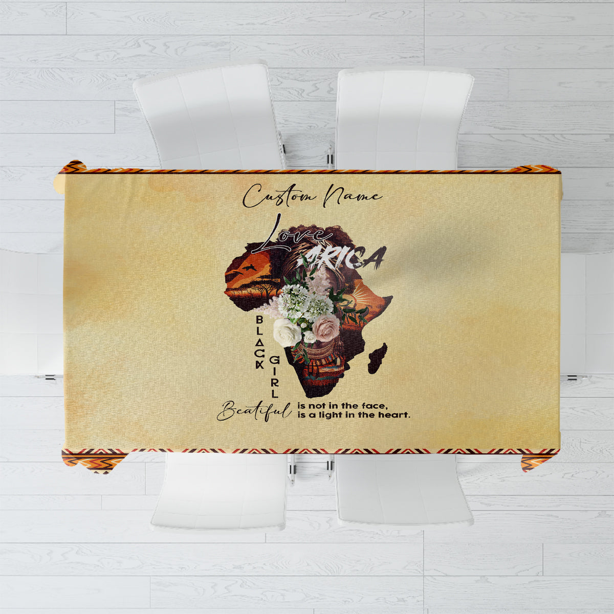 Personalized beige tablecloth with Love Africa artwork and patterned border