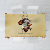 Personalized beige tablecloth with Love Africa artwork and patterned border