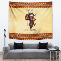 Beige Africa-themed wall tapestry with orange and black zigzag border and central portrait