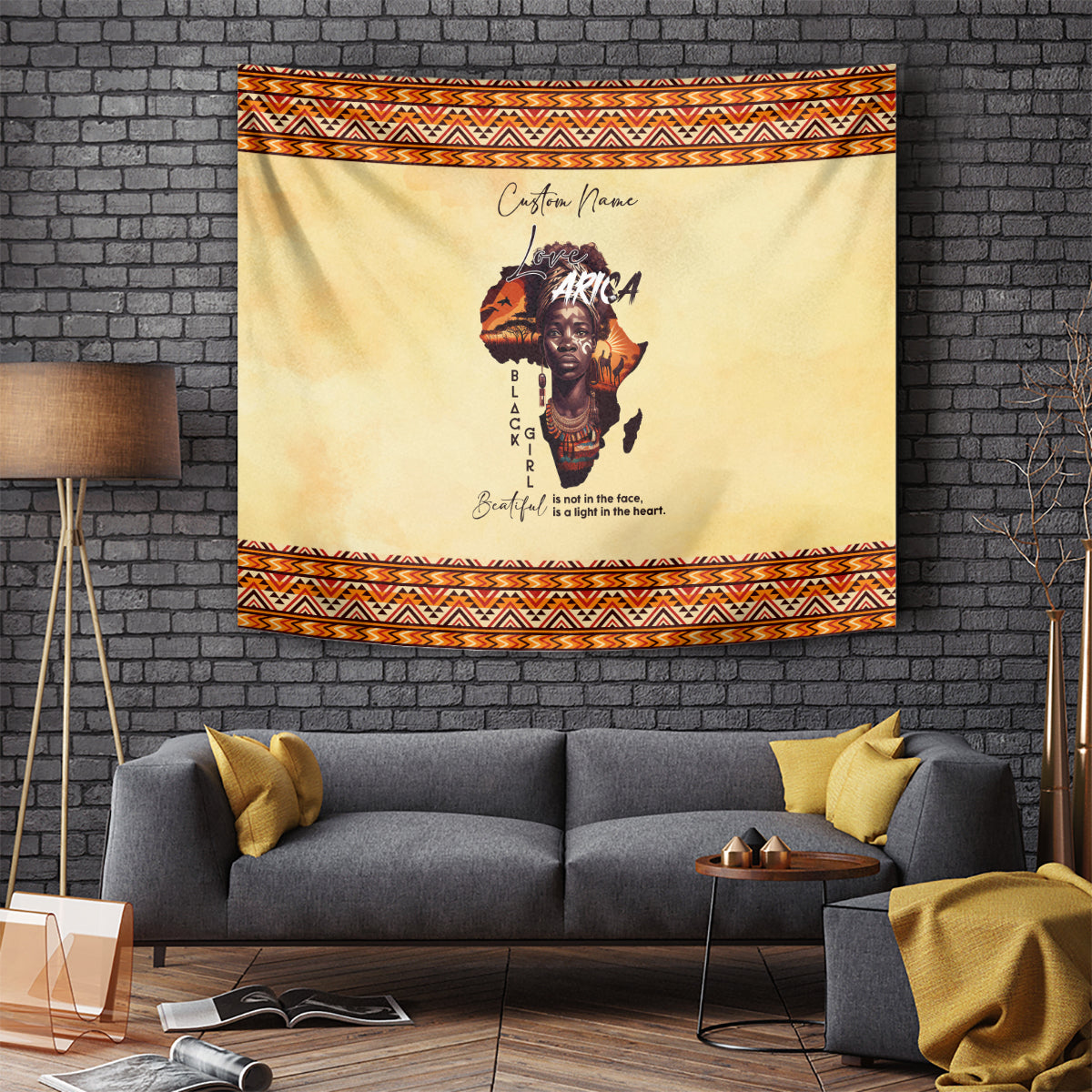 Beige Africa-themed tapestry with orange zigzag border, portrait, and vertical letter design