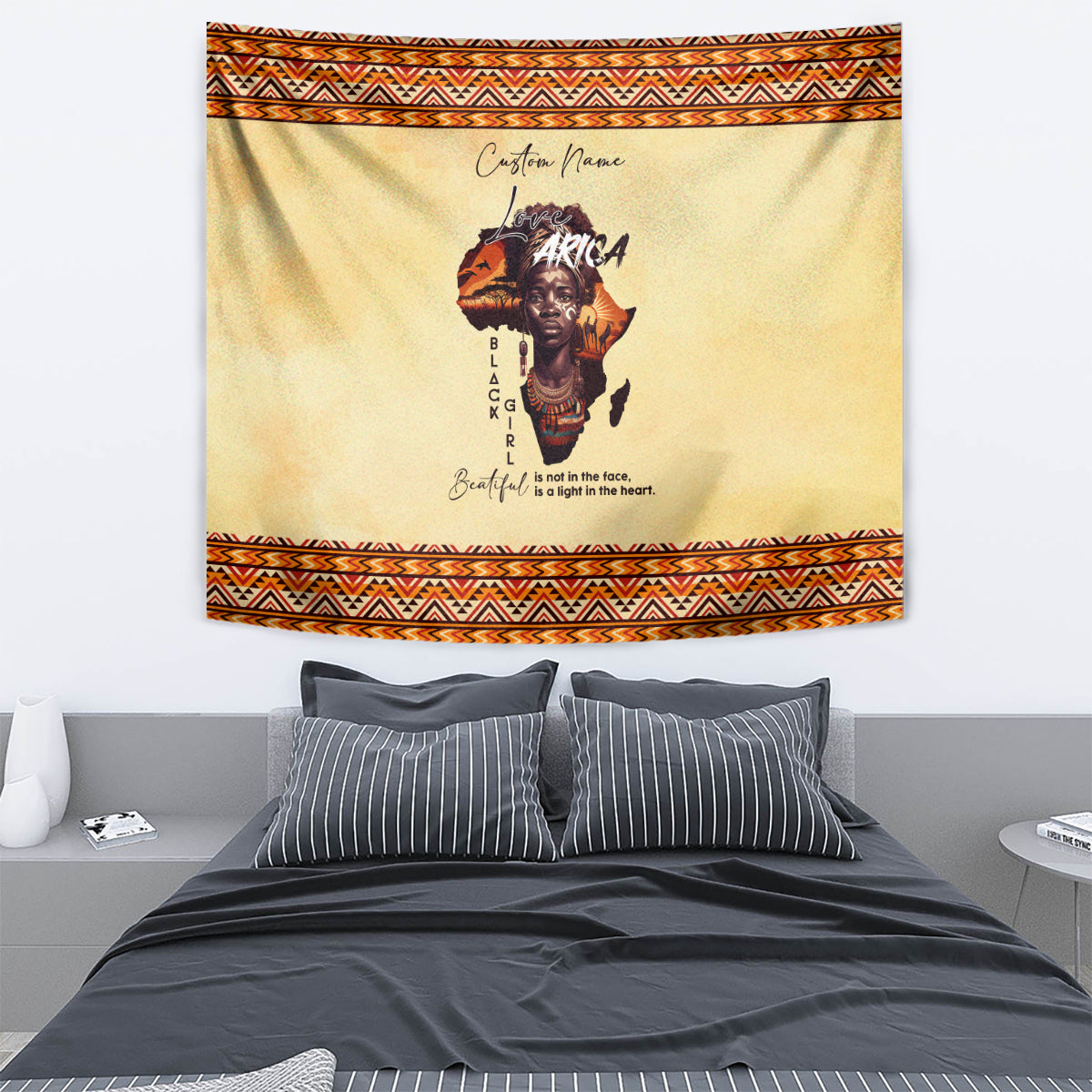 Beige Africa-themed tapestry with orange zigzag border, central portrait, and custom name text
