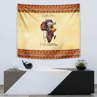 Beige Africa-themed tapestry with orange and black zigzag border and tall profile artwork