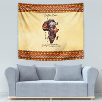Beige Africa-themed tapestry with orange zigzag trim, portrait graphic, and vertical letters