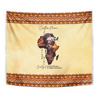 Beige Africa-themed tapestry with orange zigzag border, centered portrait, and custom name