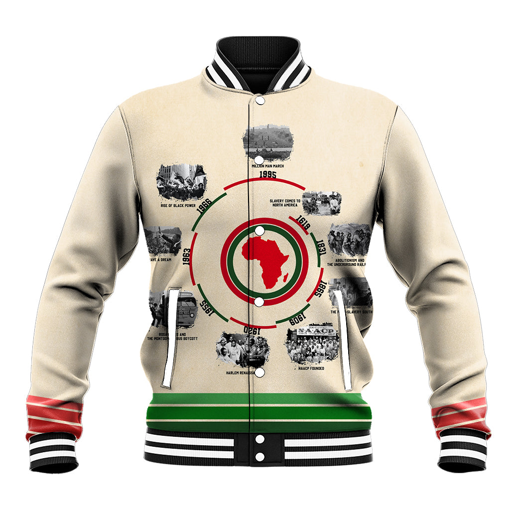 Beige baseball jacket with striped collar, red/green trim, and African timeline graphic
