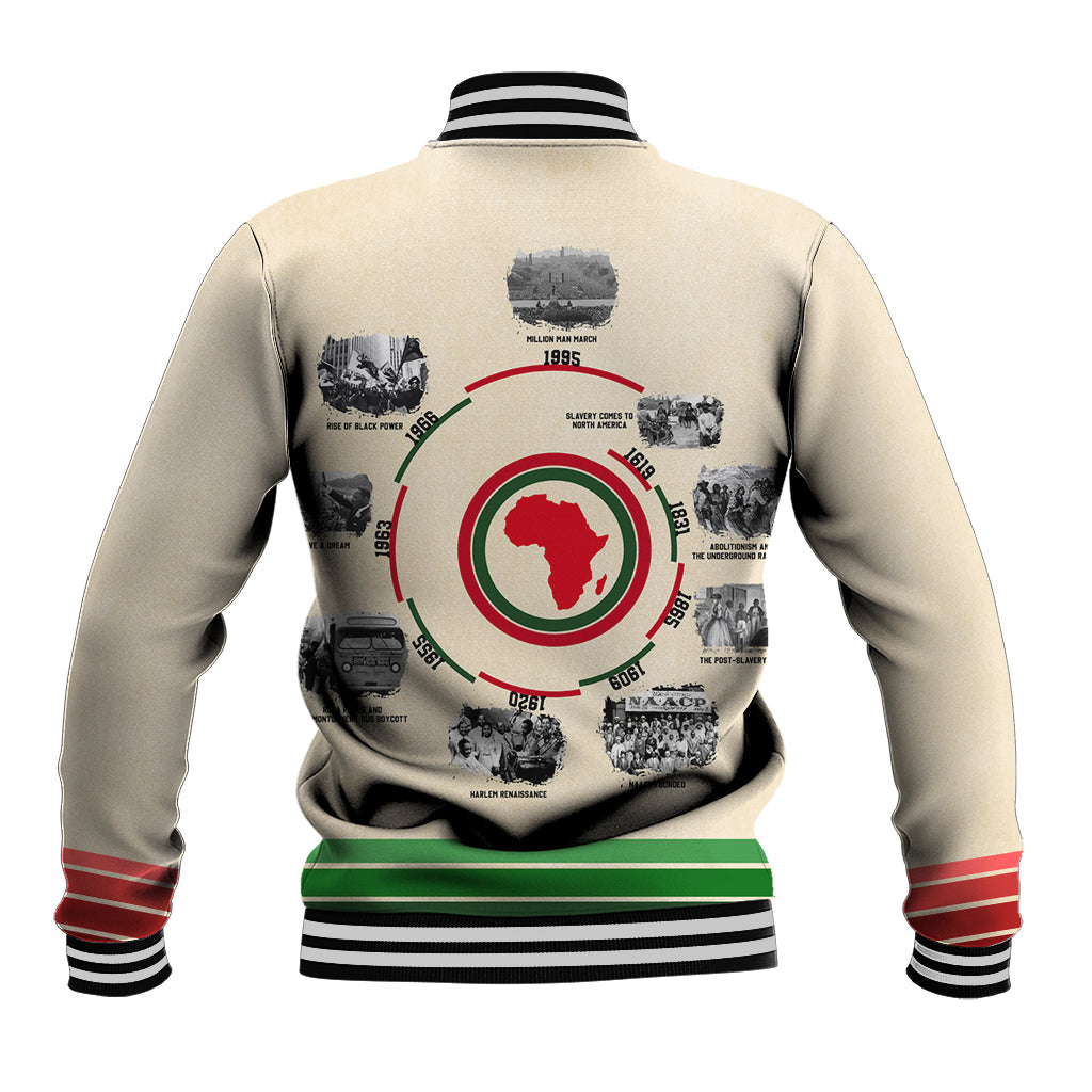 Beige baseball jacket back with striped collar and large Africa timeline emblem