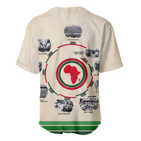 Beige baseball jersey back view with circular red-and-green African timeline graphic