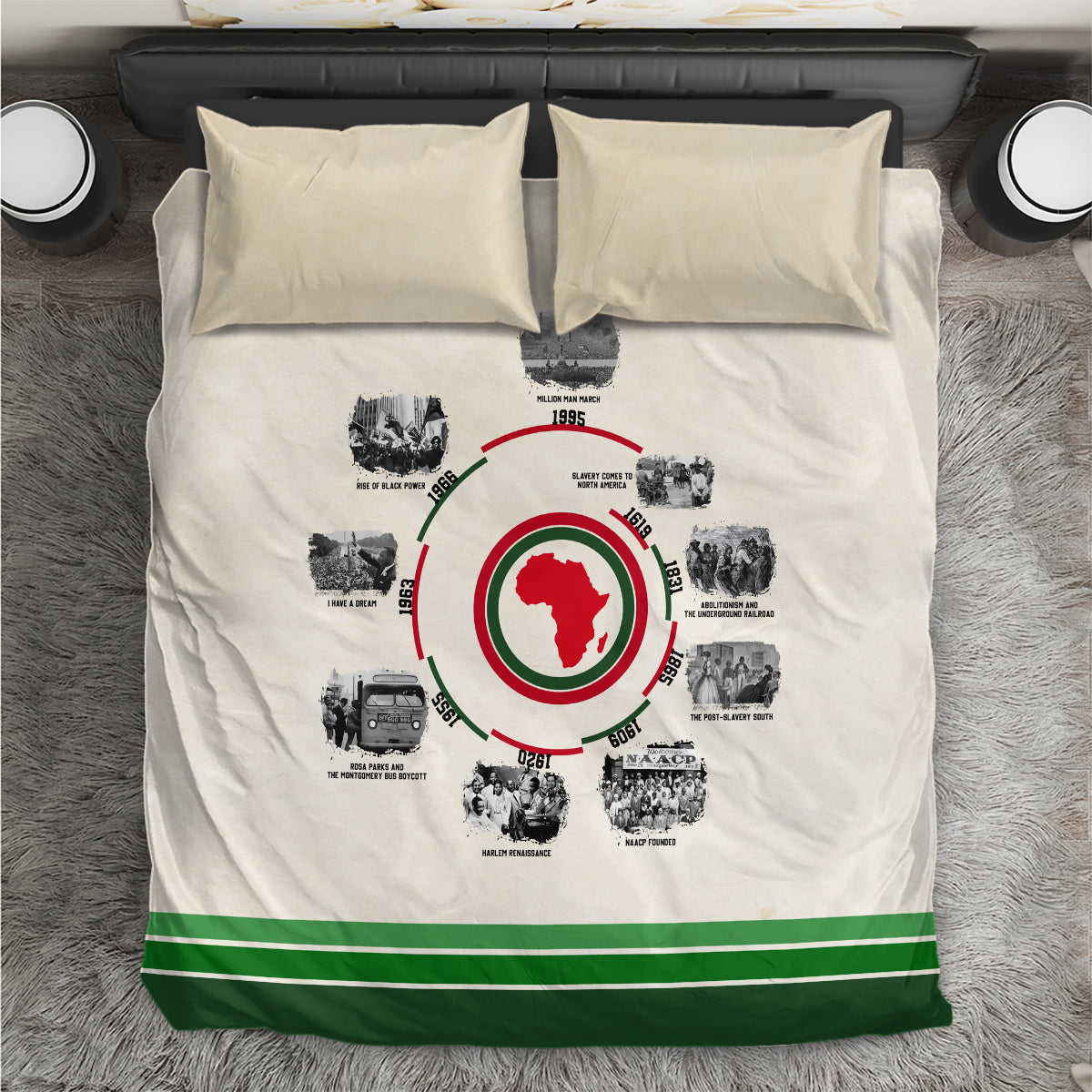 Beige duvet cover with circular African timeline graphic, green stripe hem; two matching pillows