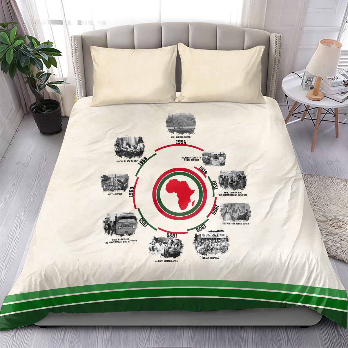Beige duvet cover with circular African timeline graphic, green stripe border and matching pillows