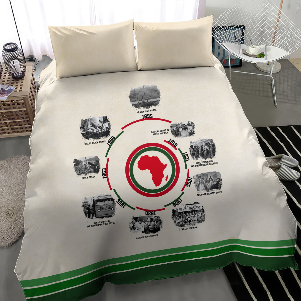 Beige duvet cover with circular African timeline print and green stripe trim; two pillows