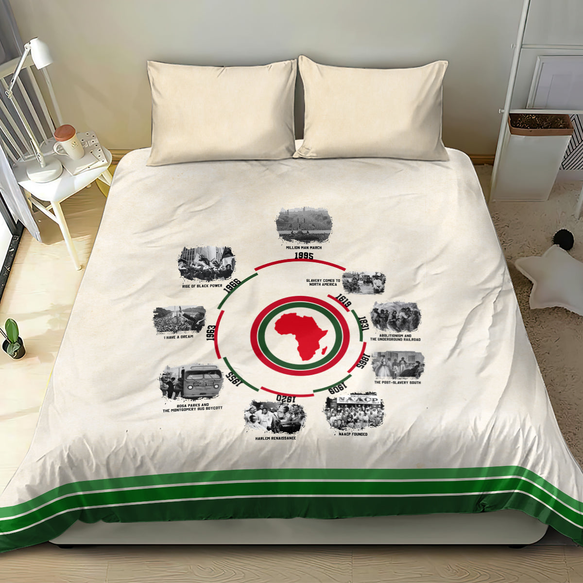 Beige bedding set on bed: duvet with circular African timeline graphic and green stripe border