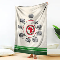Cream history timeline blanket hanging with red African map medallion and green bottom stripe