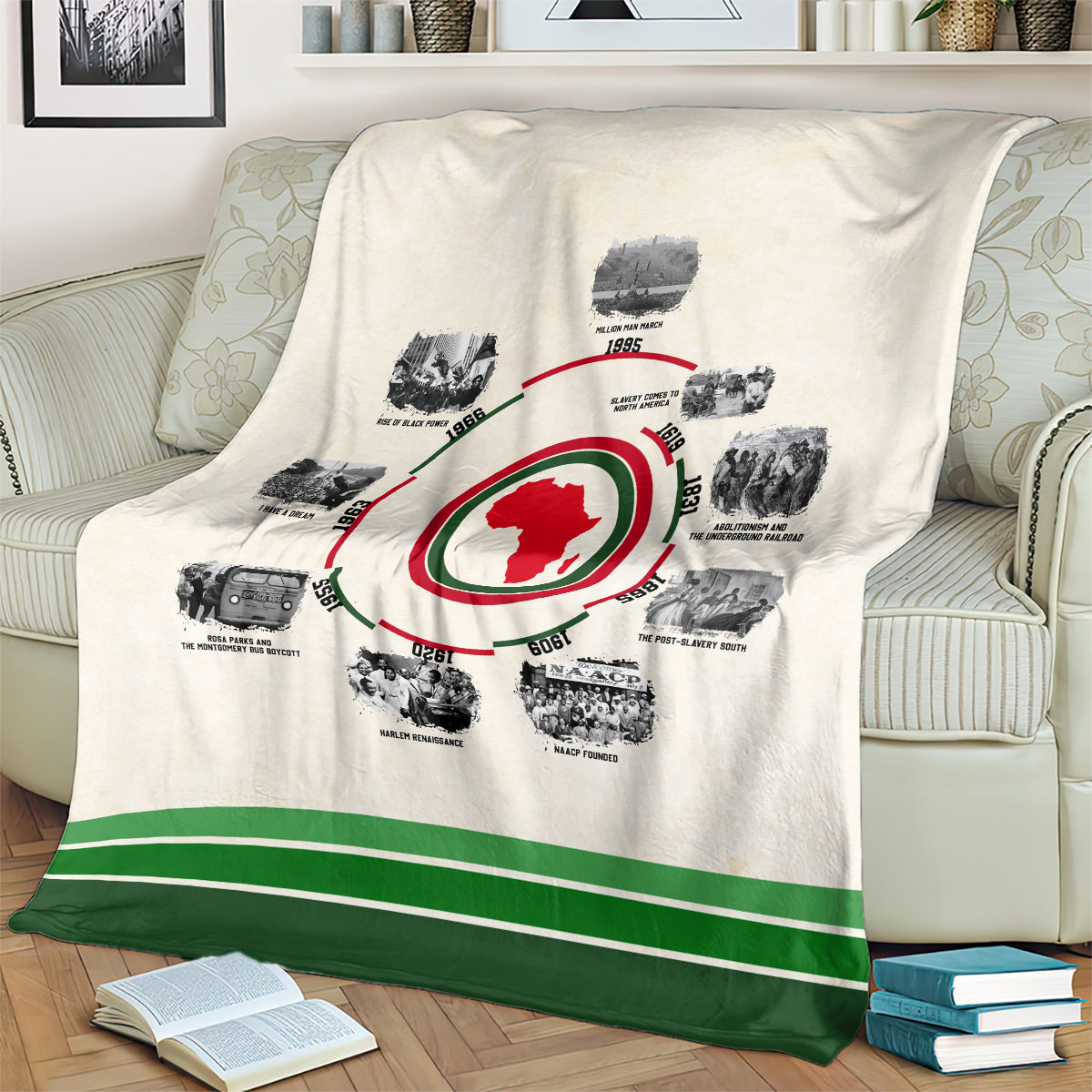 Cream history timeline blanket over armchair with red African map circle and green stripe