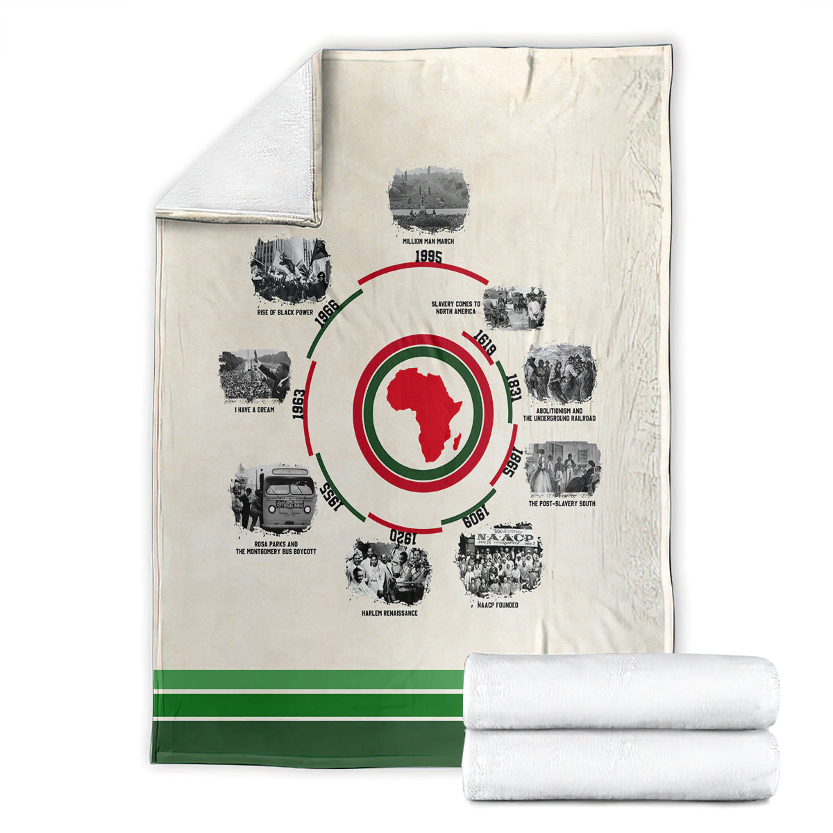 Cream history timeline blanket with red African map circle, shown with folded blanket stack