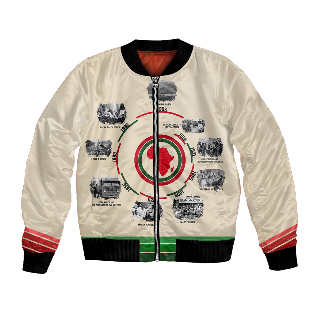Unisex beige bomber jacket with front timeline graphic, zip front and striped ribbed cuffs