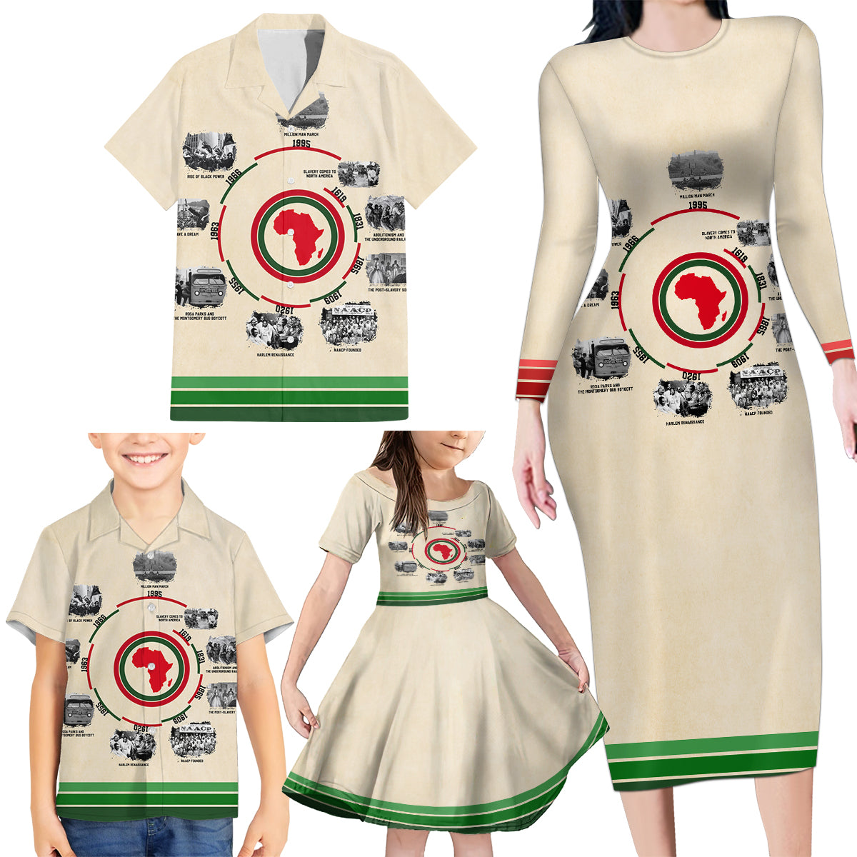 Black History Milestones Family Matching Long Sleeve Bodycon Dress and Hawaiian Shirt African Timeline - Wonder Print Shop