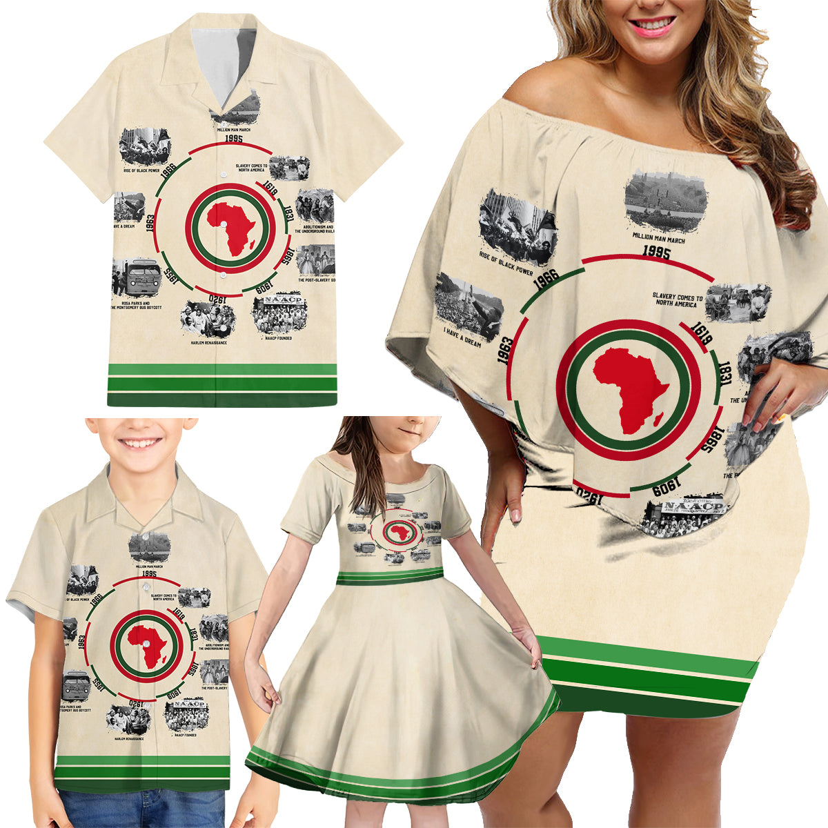 Black History Milestones Family Matching Off Shoulder Short Dress and Hawaiian Shirt African Timeline - Wonder Print Shop