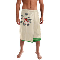 Beige lavalava with black-and-red African timeline graphic and green hem stripe