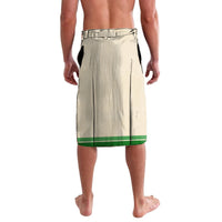 Beige lavalava with green hem stripe, vertical seams, and stitched waistband
