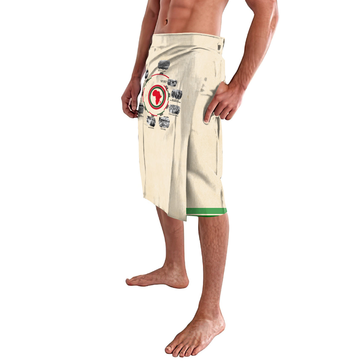 Beige lavalava with African timeline patch graphic and green hem stripe