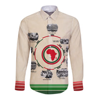 Beige long-sleeve button shirt, African timeline graphic with red-green accents