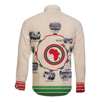 Beige long-sleeve button shirt, back African timeline graphic with red-green hem
