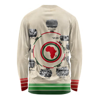 Beige unisex long-sleeve shirt with African timeline graphic on back