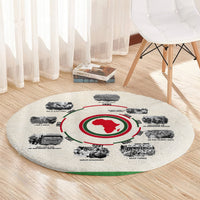 Beige round carpet with red globe centerpiece and black African history timeline print