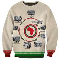 Beige crewneck sweatshirt with black timeline graphic and red Africa emblem on front