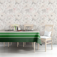 Beige tablecloth with green stripe bands along the front edge of the table